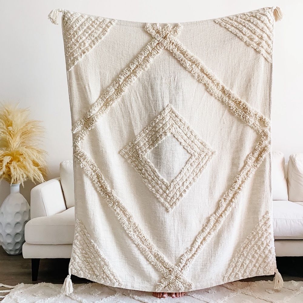 Beige Boho Tufted Throw Blanket | Handmade Textured Neutral Decor 50x65